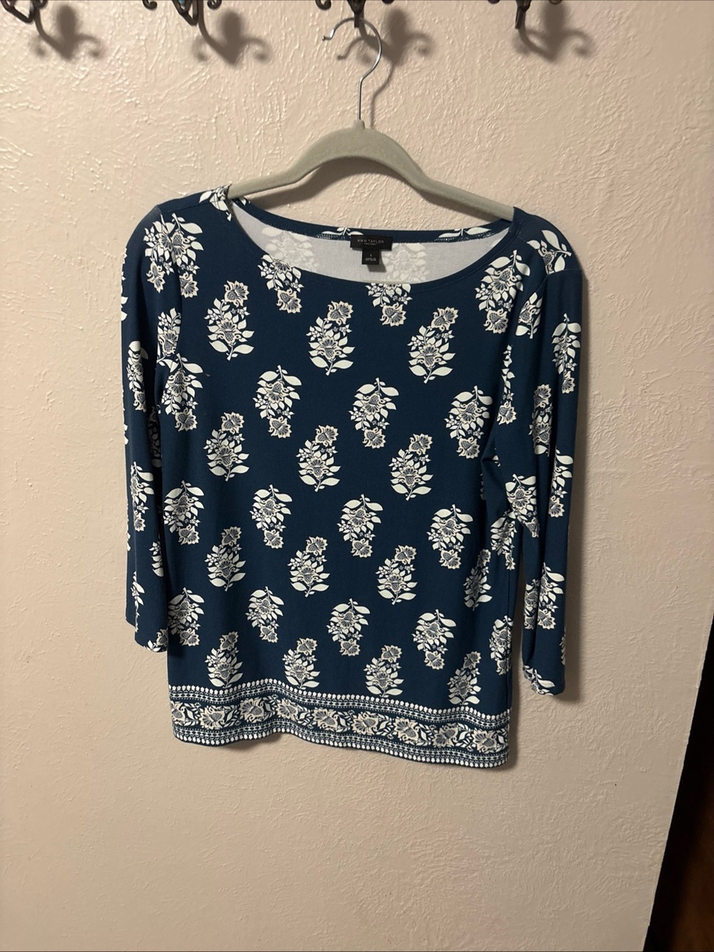 Ann Taylor Factory Floral Border Boatneck Top - Blue Size S